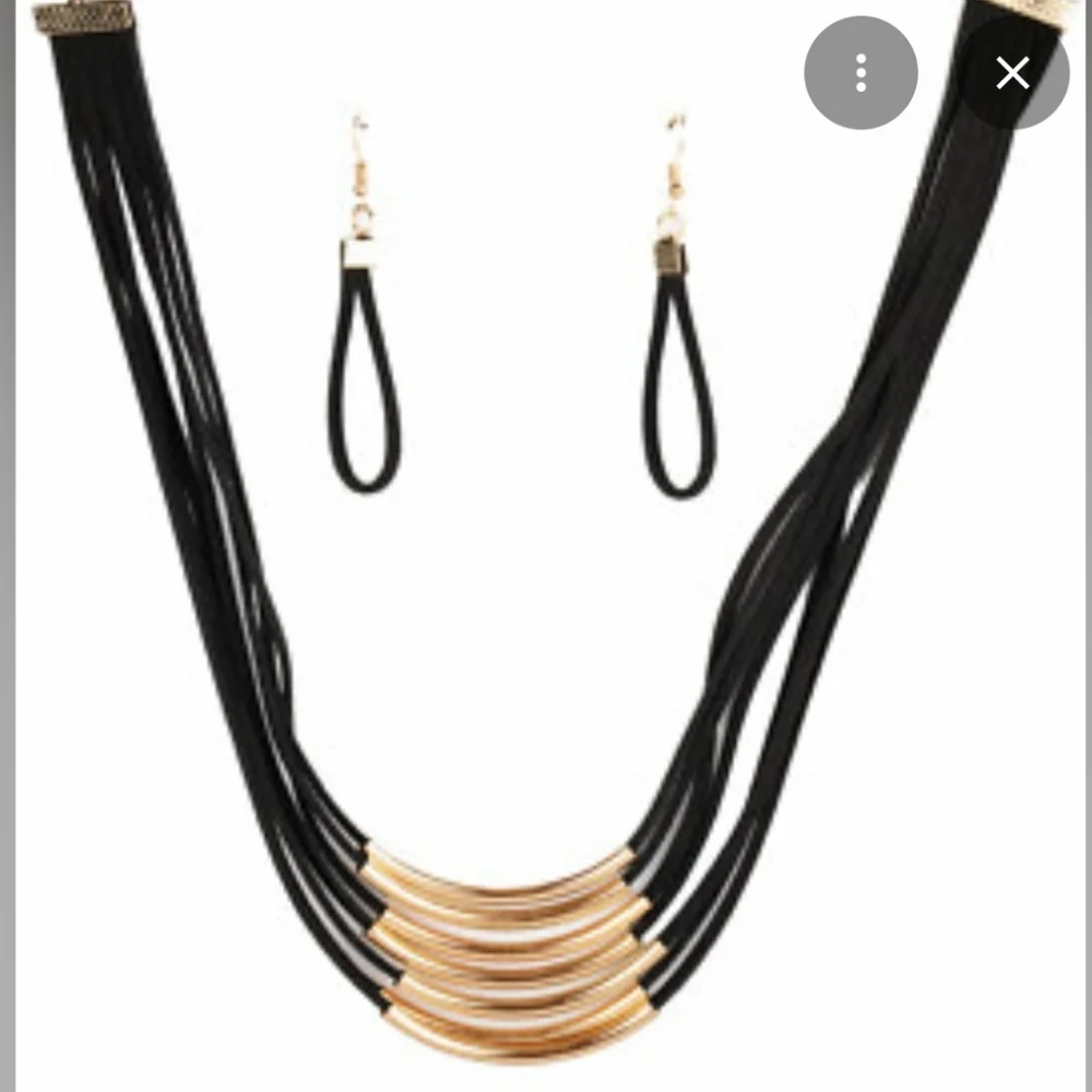 Multi Strand Black Medallion Cord & Gold Tube Beaded Necklace & Earrings Set - Picture 2 of 4